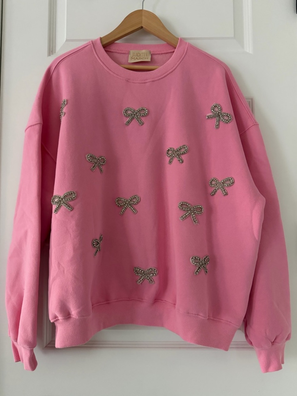 Judith March Pink Bow Sweatshirt Rhinestone Embellished Pullover Size M NWOT
